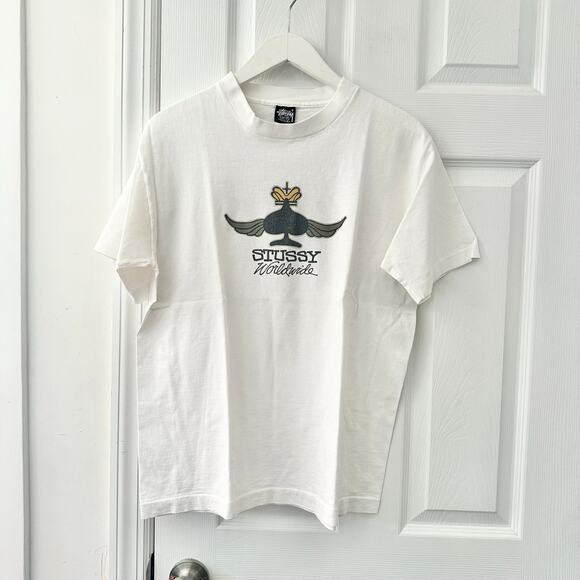 Stussy Worldwide Vintage White Single Stitch USA Winged Spade Front Back Tee M - Picture 1 of 11